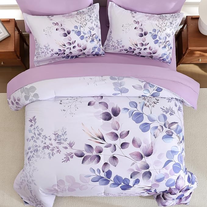 Xruibed Purple Comforter Set King Size 7 Pieces Bed in a Bag, Botanical Floral Print Bed Sets, Elegant Flower Comforter with Sheet Set, Soft Microfiber Bedding Set for All Season (Purple, 104"x90")
