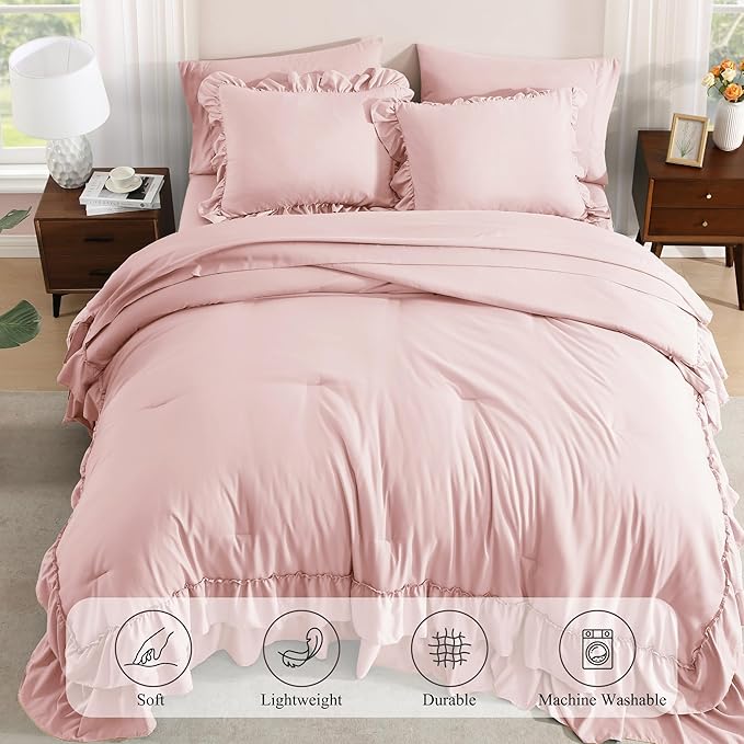 King Size Comforter Set Soft Pink, Ruffle Shabby Chic Bedding Set Farmhouse 7 Pieces, All Season Fluffy Bed in a Bag with Sheets, Pillowcases & Shams
