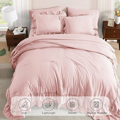 Full Comforter Set Soft Pink, Ruffle Shabby Chic Bedding Set Farmhouse 7 Pieces, All Season Fluffy Bed in a Bag with Sheets, Pillowcases & Shams