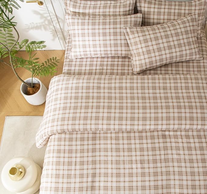 SDY 7PCS Brown Plaid Bedding Set Twin Size, Super Soft Microfiber Gingham Comforter and Sheet Set with 1*Comforter,1* Flat Sheet, 1*Fitted Sheet,2*Pillowcases and 2*PillowcaseShams