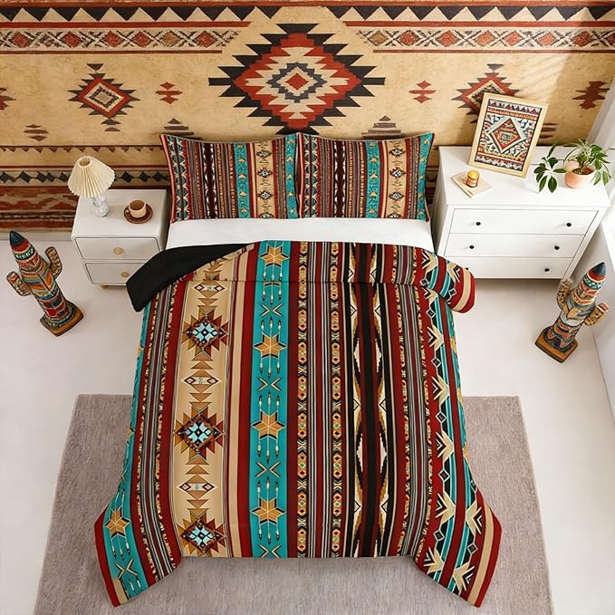 Erosebridal Aztec Bedding Set King Geometric Comforter Set,Retro Vintage Indian Tribe Geometric Quilt Exotic Nordic Western Duvet Insert,Southwestern Native Bohemian Decor,Messy Red Brown Blue
