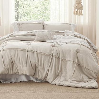 Bedsure King Comforter Set - 4 Pieces Grid Pleat Bed Set, Beige Boho Bedding for All Season, 1 Soft Comforter, 2 Pillowcases, 1 Decorative Pillow