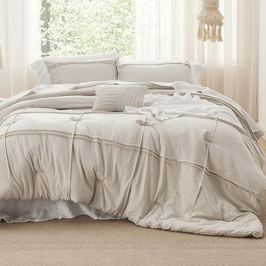 Bedsure California King Comforter Set - 4 Pieces Grid Pleat Bed Set, Beige Boho Bedding for All Season, 1 Soft Comforter, 2 Pillowcases, 1 Decorative Pillow