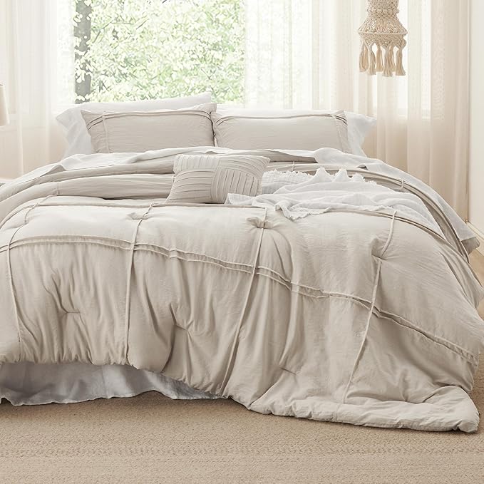 Bedsure Twin Comforter Set - 3 Pieces Grid Pleat Bed Set, Beige Boho Bedding for All Season, 1 Soft Comforter, 1 Pillowcase, 1 Decorative Pillow