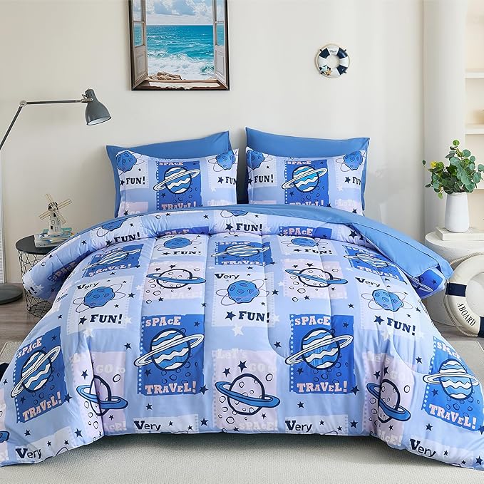 Drucon Kids Space Comforter Set Bed in A Bag Twin Size 6 Piece Cartoon Planets Bedding Set for Teens Boys Girls