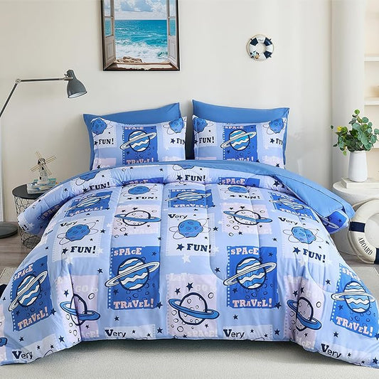 Drucon Kids Space Comforter Set Bed in A Bag Twin Size 6 Piece Cartoon Planets Bedding Set for Teens Boys Girls