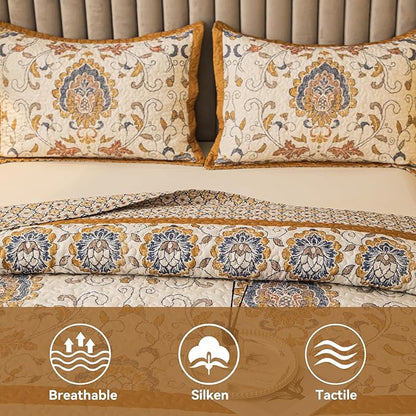 Bohemian Queen Size Quilt Comforter Sets 3 Pieces Quilts (1 Quilt, 2 Pillow Shams) Nordic Bedding Set Printed Coverlet with Pillowcase Lightweight Bedspread Set for All Seasons(Yellow)