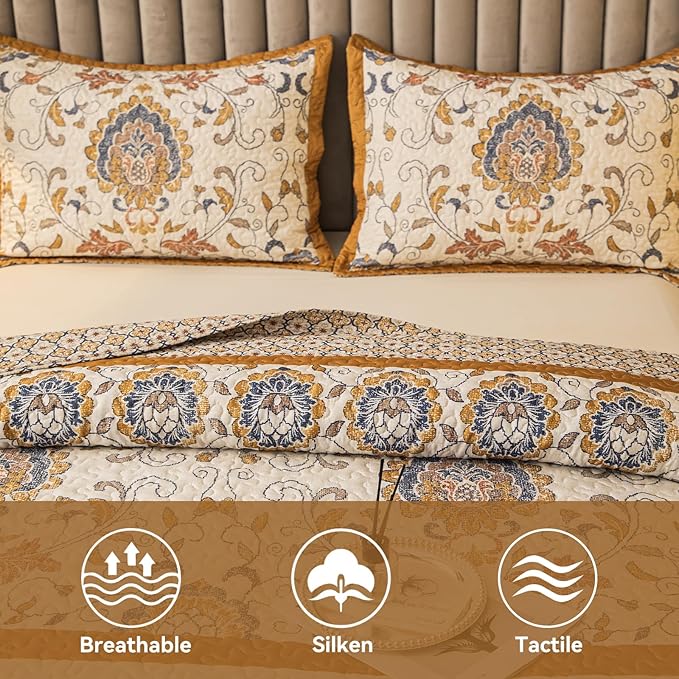 Bohemian King Size Quilt Comforter Bedding Set -3 Pieces Red Quilts (1 Quilt, 2 Pillow Shams) Bedding Set, All Season Lightweight Bedspreads Sleep Companion(Yellow)