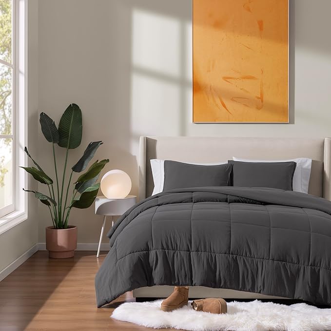 UGG Leonora Comforter Set with 2 Pillow Shams Lightweight Down Alternative Blanket Reversible Cozy Warm All Season Washable and Hypoallergenic Bedding Set, Full/Queen, Charcoal Grey