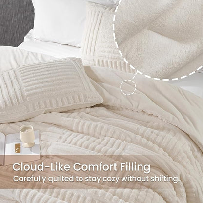 Amélie Home King Size Comforter Set with Stripe Jacquard Design, Beige Fluffy Fleece Bedding Set, Super Warm Fuzzy Plush Bedding Set for Winter, 3 Pieces, 1 Soft Comforter and 2 Pillowcases