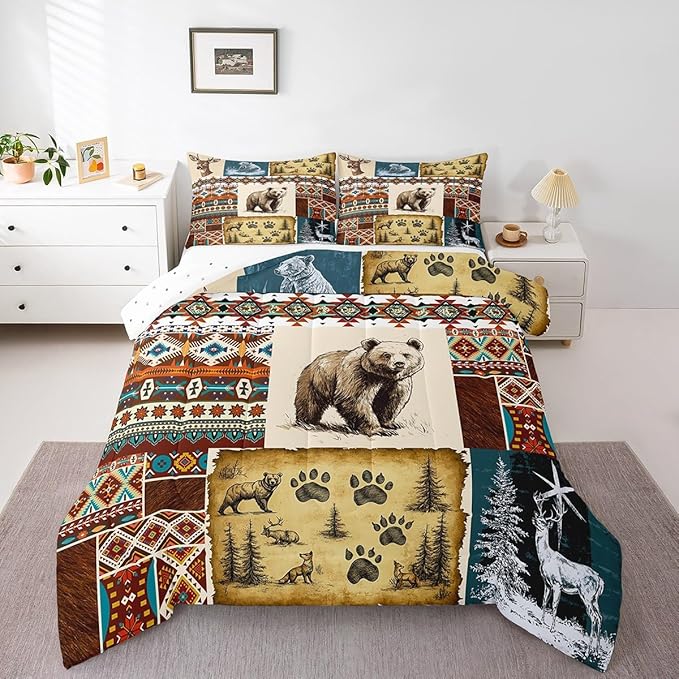 Erosebridal Rustic Cabin Comforter Set Bohemian Aztec Quilt,Woodland Animals Bear Moose Elk Deer Bedding Sets Queen,Indian Tribal Geometric Diamond Duvet Insert Retro Western Home Decor