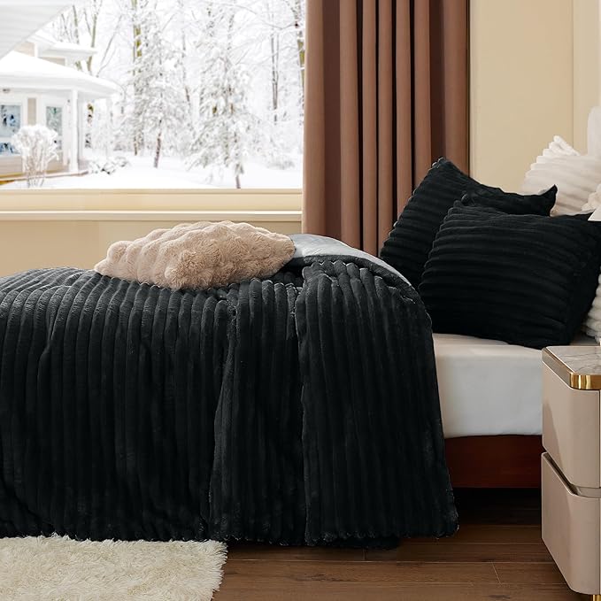BEDELITE Fleece Twin Comforter Set -Super Soft & Warm Fluffy Black Bedding, Luxury Fuzzy Heavy Bed Set for Winter with 1 Pillow case