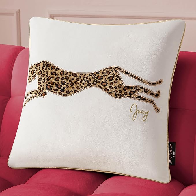 Juicy Couture Reversible Velvet Cheetah Pillow, 18" x 18" Decorative Pillow, White