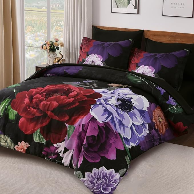 WONGS BEDDING Black Comforter Set Queen Size, 7 Pieces Floral Bed in a Bag Set, Luxury Red Flower Bedding Set, Soft Microfiber for All Season with Pillowcases & Shams,Sheets(90"×90")