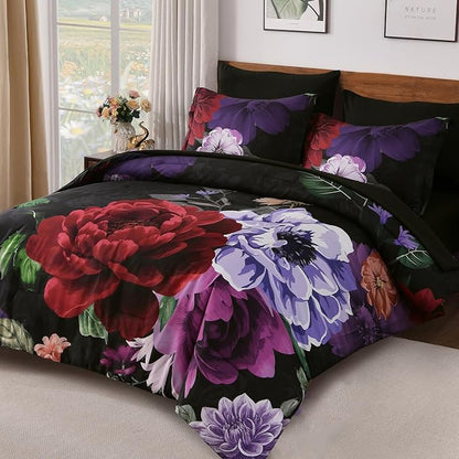 WONGS BEDDING Black Comforter Set Queen Size, 7 Pieces Floral Bed in a Bag Set, Luxury Red Flower Bedding Set, Soft Microfiber for All Season with Pillowcases & Shams,Sheets(90"×90")
