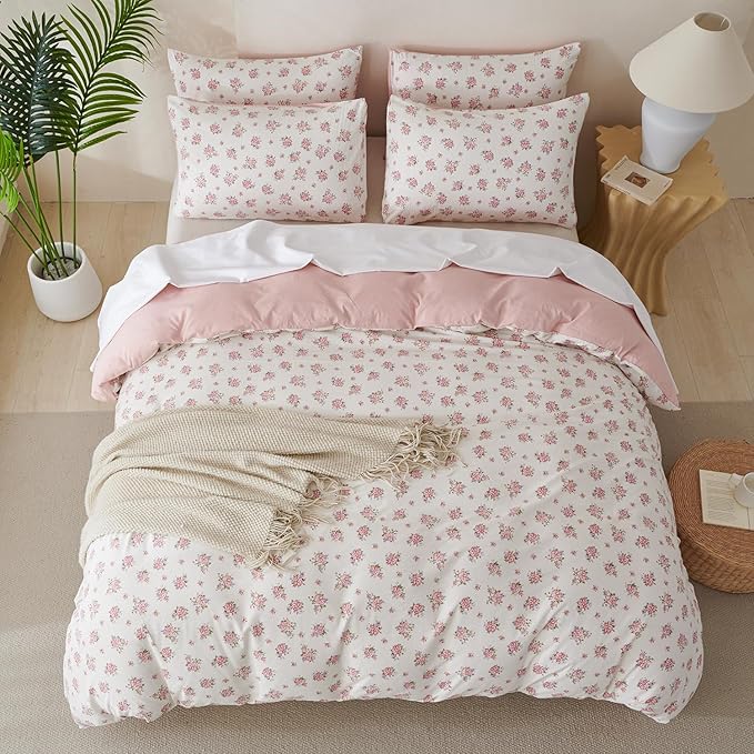 King Size Floral Comforter Set 3 Pieces Soft Cute Fresh Floral Bedding Comforter Lightweight Garden Style King Floral Botanical Comforter Set for All Seasons 1 Comforter and 2 Pillowcases