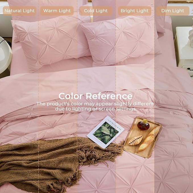 Sasttie Twin XL Comforter Set, 5-Piece Bed in a Bag, Pintuck Bedding Sets for All Season, Includes Comforter, Flat Sheet, Fitted Sheet, Pillowcase and Pillowsham, Rose Gold