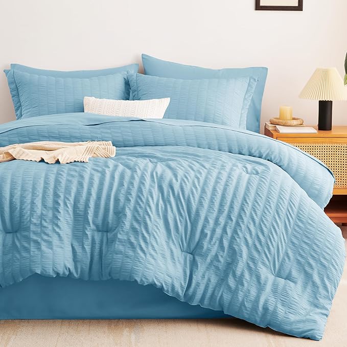 CozyLux Full Size Comforter Sets with Sheets Seersucker 7 Pieces Sky Blue Bed in a Bag Textured Luxury Soft Bedding Set with Down Alternative Comforter, Sheets, Pillowcases & Shams for All Seasons