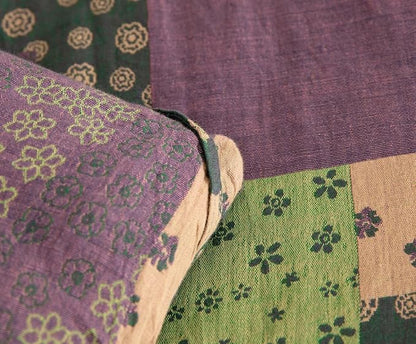 SLEEPBELLA Washed Double Layer Muslin 100% Cotton Comforter Set Queen Size, Purple Green Patchwork Fluffy Thick Checked Bedding Set, Soft Breathable (1 Comforter, 2 Pillow Shams)