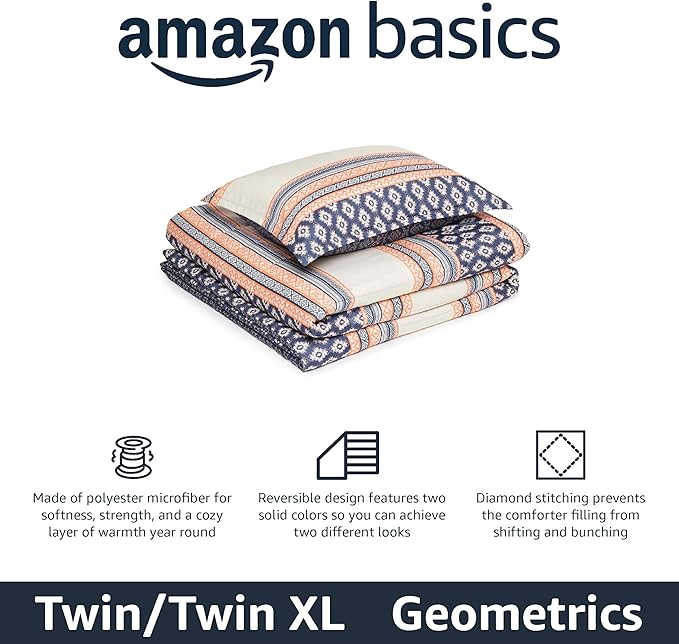 Amazon Basics Lightweight Microfiber Comforter Set, 2-Piece, Twin/Twin XL, Gray Geometrics