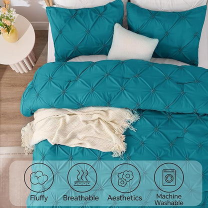 BEDELITE Teal Twin Comforter Set - 2 Peices Boho Pintuck Bedding Comforter Sets, Lightweight Soft & Warm Twin Bedding Sets with 1 Pillowcase for All Season