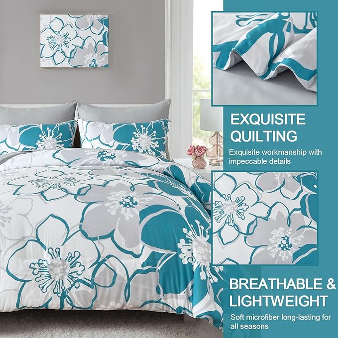 Anibedding Teal Floral Comforter Set Queen Size 7 Piece, Teal Blue Flower Bed in a Bag, Elegant Botanical Floral Comforter Soft Microfiber Complete Bedding Set for All Season, (Teal, 90"x90")