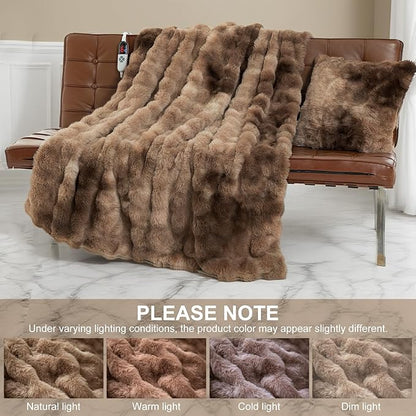 Faux Fur Heated Blanket Throw for Couch - 50"X60" Bubble Faux Fur Electric Blanket Fluffy Fuzzy Soft Thick with 6 Fast Heating Levels & 4 hrs Timer Settings, Washable & ETL Certified, Tie-Dye Brown