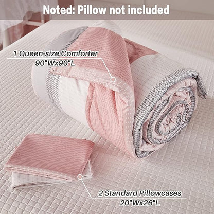 Litanika Pink Comforter Set Queen, 3 Pieces Blush White Colorblock Lightweight Bedding Comforter Set