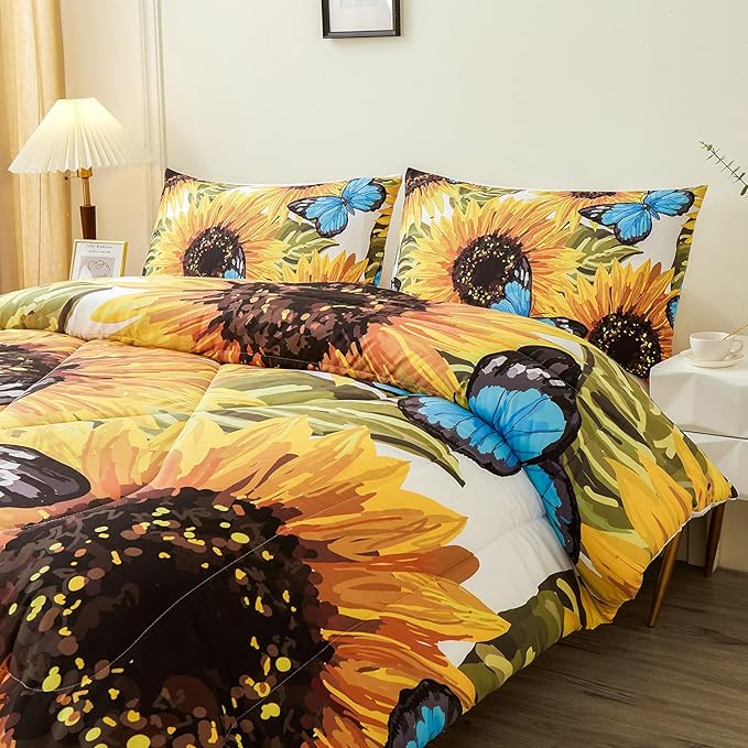 Sunflower Comforter Sets,Beautiful Seamless Pattern with Sunflower Blue Butterflies on White Background,Decorative Bedding Comforter Sets with 2 Pillow Shams, Queen Size