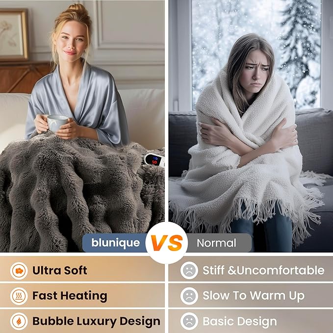 Electric Heated Blanket for Girls & Women, Soft & Luxurious, Faux Rabbit Fur Heating Throw Blankets, 6 Heat Settings, Overheat Protection, Quick Heating, Memory Function, Gift-Ready Design, 50"x60"