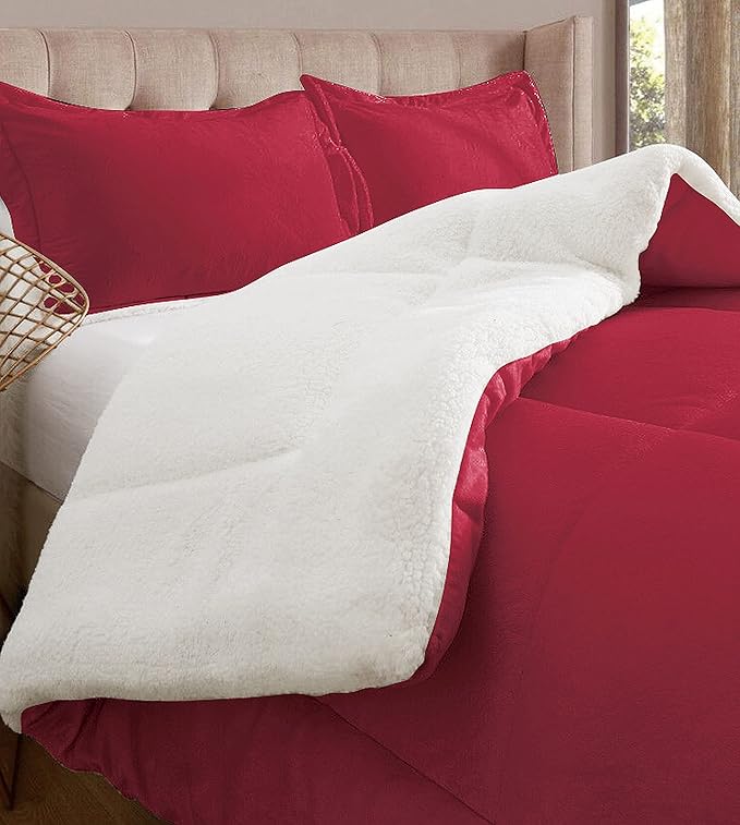 Elegant Comfort Super Soft Sherpa Comforter 2-Piece Set Premium Quality, Heavy Weight Reversible Down Alternative Micro-Suede, Sherpa Comforter, Twin XL, Flaming Burgundy