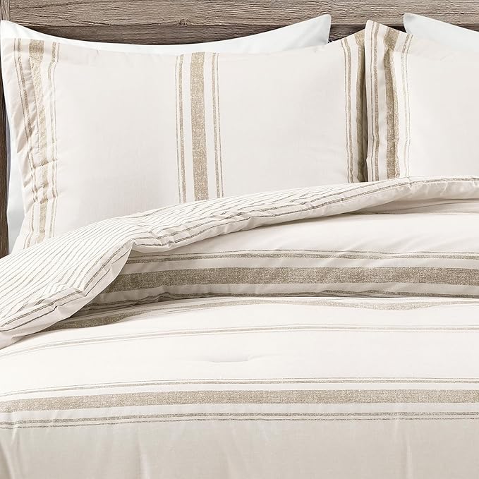 Lush Decor Farmhouse Stripe Reversible Cotton Comforter Set, 3 Piece Set, Full/ Queen, Neutral - Cozy Farmhouse Bedding Set - Rustic Decor - Striped Comforter - Modern Farmhouse Bedroom Decor