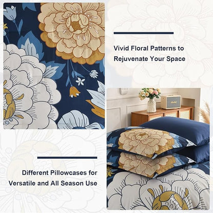 DJY Floral Comforter Set Queen Size Navy Blue Bed in a Bag 7 Pieces Botanical Boho Comforter with Sheet Set, Soft Microfiber Farmhouse Bedding Set for All Season (Navy, 90''x90'')