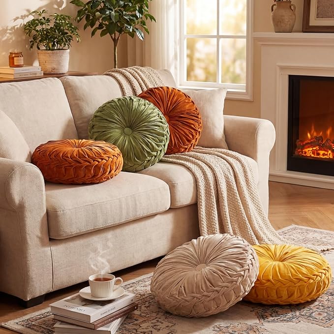 4 Pcs Round Throw Pillows Decorative Velvet Pleated Throw Pillows 15'' Diameter Accent Pumpkin Boho Chair Cushion for Couch Sofa Chair Bed Home Decoration (Fall Color)