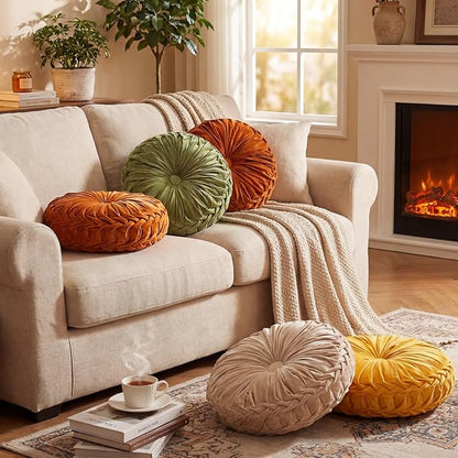 4 Pcs Round Throw Pillows Decorative Velvet Pleated Throw Pillows 15'' Diameter Accent Pumpkin Boho Chair Cushion for Couch Sofa Chair Bed Home Decoration (Fall Color)