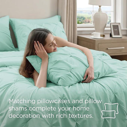 Bedsure California King Comforter Set - Bed in a Bag Cal King Bedding Set 7 PCS, GentleSoft™ Pintuck Bed Set Gift for Family, Pinch Pleat Mint Green Comforter with Sheets, Pillowcases & Shams