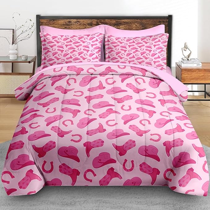 Comforter Set Queen Size, Pink Cowboy Cowgirl 7 Pcs Bedding for Kids and Adults, Cute American Western Bed Sheet Sets with Fitted Sheet 2 Pillowcases & 2 Shams