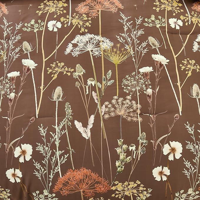Yiran Brown Comforter Set King Size, 7 Piece Floral Dandelion Comforter Bedding Set, Botanical Bed in a Bag King, Soft Microfiber Complete Bedding Set with Sheets for All Season
