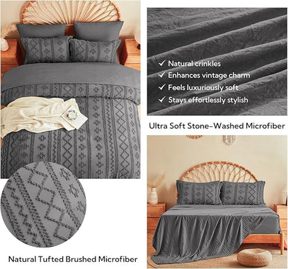 MR&HM King Size Comforter Set Dark Grey, 7 Pieces Tufted Boho Beddding Sets, Farmhouse Style Bed in a Bag with 1 Comforter, 2 Pillow Shams, 2 Pillowcases, 1 Flat Sheet, 1 Fitted Sheet