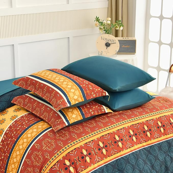 WONGS BEDDING Boho Comforter Set Queen Size,7 Pieces Bed in a Bag Bohemian Striped Bedding Set,Burnt Orange Paisley Floral Comfortet and Sheet Set,Soft Microfiber Bedding Sets for All Season