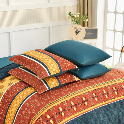 WONGS BEDDING Boho Comforter Set Queen Size,7 Pieces Bed in a Bag Bohemian Striped Bedding Set,Burnt Orange Paisley Floral Comfortet and Sheet Set,Soft Microfiber Bedding Sets for All Season