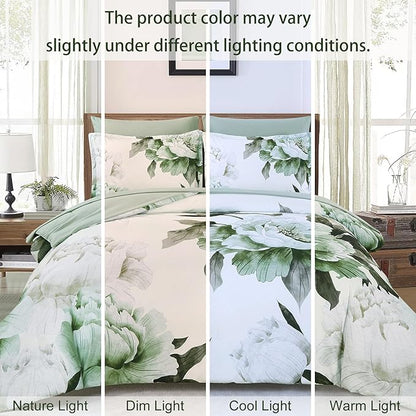 Dobuyly Green Queen Comforter Set 7 Piece Bed in a Bag Queen, Sage Green Floral Printed Comforter Set with Sheets, Soft Microfiber Botanical Flower Complete Bedding Set for All Season