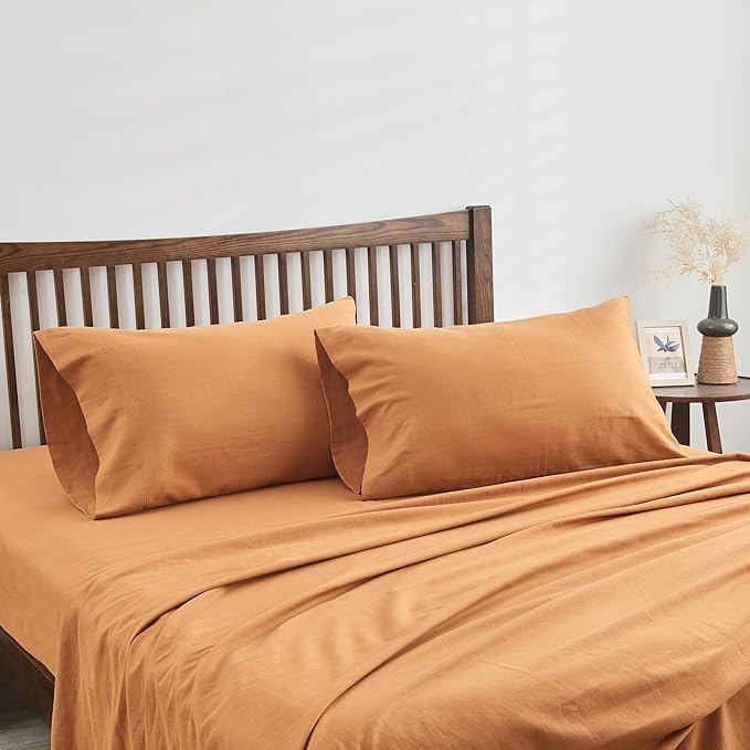 Simple&Opulence Belgian Linen Sheet Set Solid Color - 4 Pieces (1 Flat Sheet, 1 Fitted Sheet & 2 Pillowcases) Natural Flax Cotton Blend Soft Breathable Farmhouse Bedding - Full Size, Rust