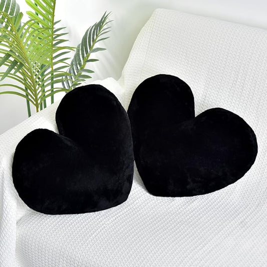2 Pcs Black Heart Pillow Decorative Throw Pillows 16-inch Cute Soft Fluffy Heart Shaped Pillows for Bed Couch Sofa Bedroom Living Room Decor Aesthetic (Black, 16"x13.78")