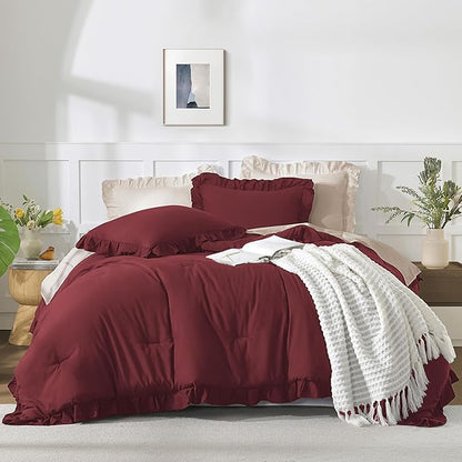 Andency Oversized King Ruffle Comforter Set 120x120, 3 Pieces Burgundy Lightweight Fluffy Super King Bedding Set, Shabby Chic Famhouse All Season Bed Set for Girls Women