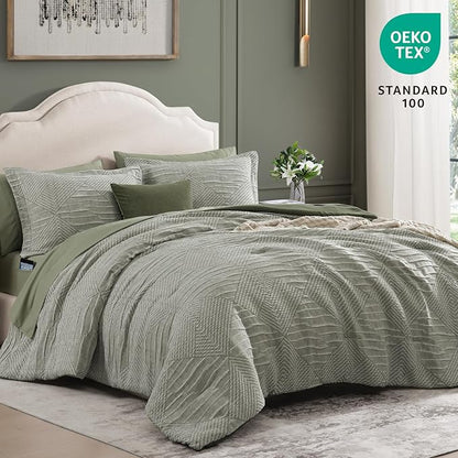 MaiRêve Full Size Comforter Set Crinkle Textured, Light Olive Green Diamond Boho Bedding Set 7 Pieces Bed in A Bag, All Season Geometric Comforter Set with Sheets, Pillowcases & Shams