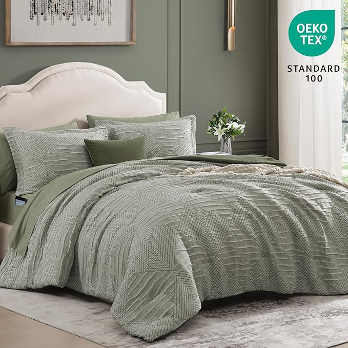 MaiRêve King Comforter Set Crinkle Textured, Light Olive Green Diamond Boho Bedding Set 7 Pieces Bed in A Bag, All Season Geometric Comforter Set with Sheets, Pillowcases & Shams