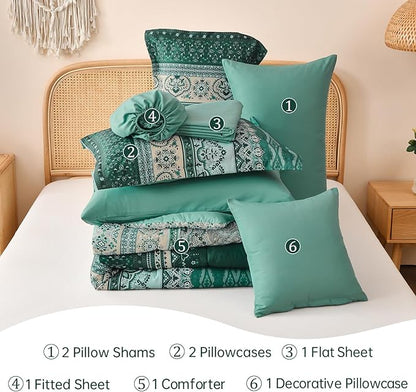 Cottolester Boho Comforter Set Queen Size,8 Pieces Teal Green Bohemian Striped Bed in a Bag,Paisley Soft Microfiber Bedding Comforter Set