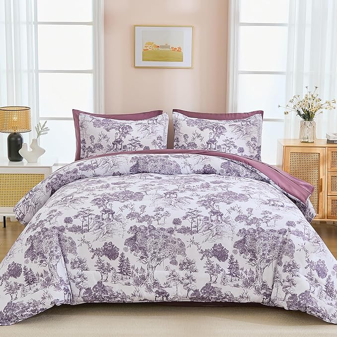 DJY Purple Comforter Set King, 7 Pieces Dark Purple Botanical Comforters King Size Elegant Plants Print with Sheets Bed in a Bag Soft Microfiber Reversible Complete Bedding Sets for All Season