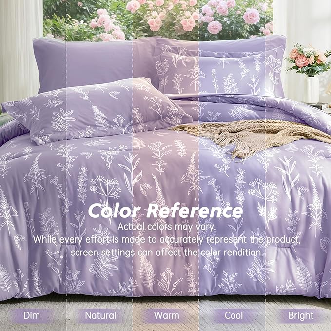MUXHOMO Lavender Cal King Comforter Set, Elegant Floral Print Bed in a Bag 7 Pieces, Ultra Soft & Breathable Reversible Botanical Pattern Bedding Set with Comforter, Sheets, Pillowcases, and Shams